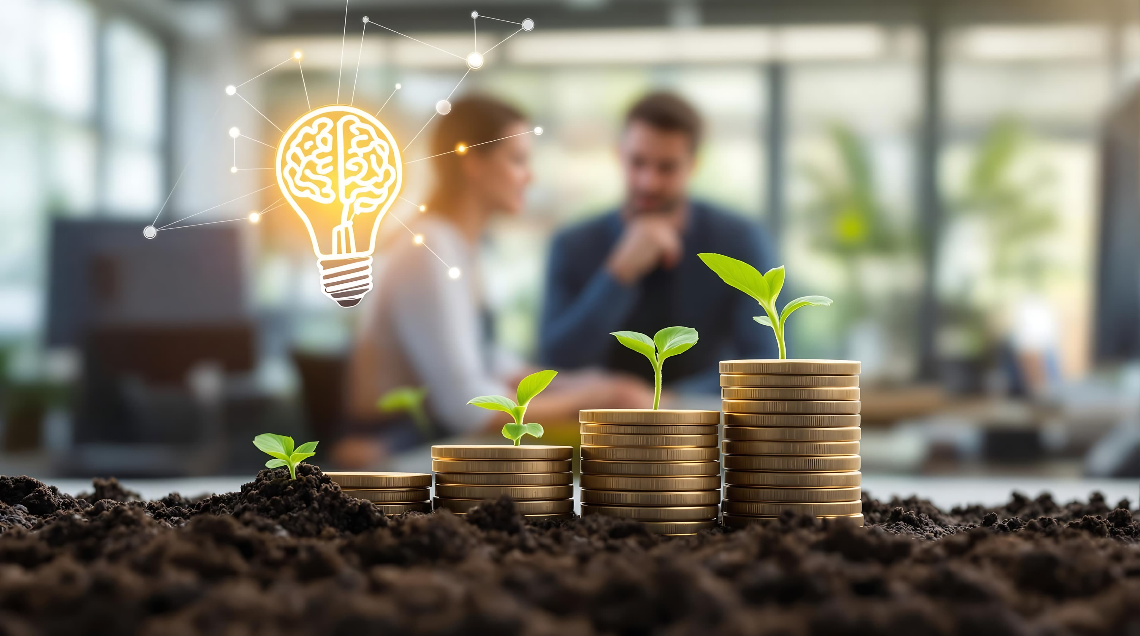 Growth and investment visualization with coins and plants